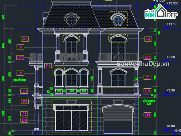 Biệt thự 3 tầng,biệt thự 3 tầng đẹp,File cad biệt thự 3 tầng,bản vẽ cad biệt thự 3 tầng