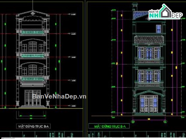Nhà phố,Nhà phố 4 tầng,kiến trúc 4 tầng,nhà phố 4 tầng file cad