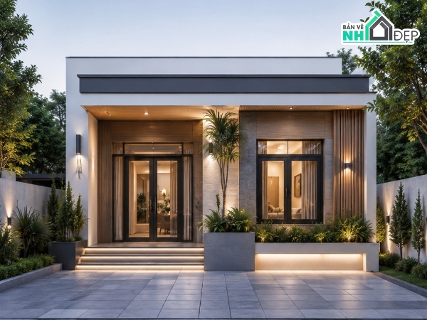 cad nhà phố,nhà phố 02 phòng ngủ,nhà phố hiện đại,tiểu cảnh sân vườn,nhà 1 tầng 7x14m