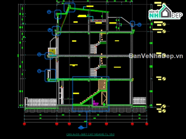 Bản vẽ nhà phố,điện nhà 4 tầng,Bản vẽ CAD nhà phố 4 tầng 5x16m ( kiến trúc,kết cấu,điện nước),kiến trúc 5 tầng