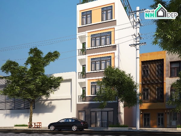 bản vẽ nhà 5 tầng,kiến trúc 5 tầng,hiện đại