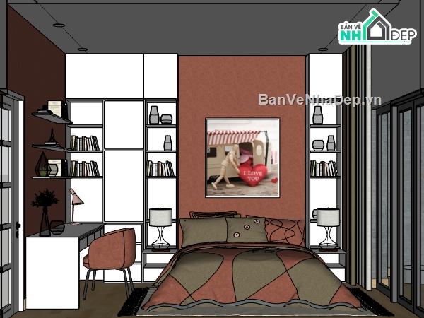 thiết kế phòng ngủ sketchup,phòng ngủ dựng trên sketchup,file sketchup phòng ngủ