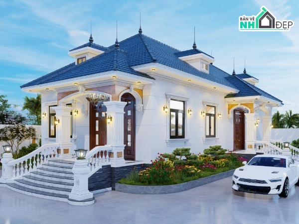 nhà vườn mái nhật,biệt thự 1 tầng mái nhật,file cad biệt thự 1 tầng