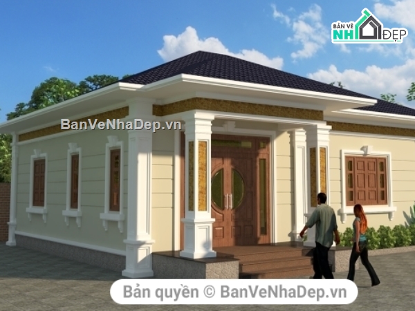 Biệt thự vườn 1 tầng,Biệt thự 10.5x10.8m,Biệt thự 1 tầng 2 phòng ngủ,bản vẽ biệt thự 1 tầng