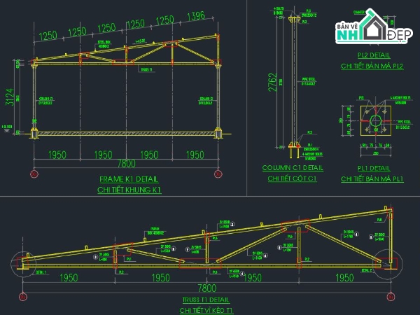 Kết cấu vì kèo 8m,Kết cáu bán kèo 8m,File Autocad kết cấu nhà để xe,Kết cấu nhà xe 8x44m,bản vẽ nhà để xe khung thép,Kết cấu nhà xe khung kèo mái tôn