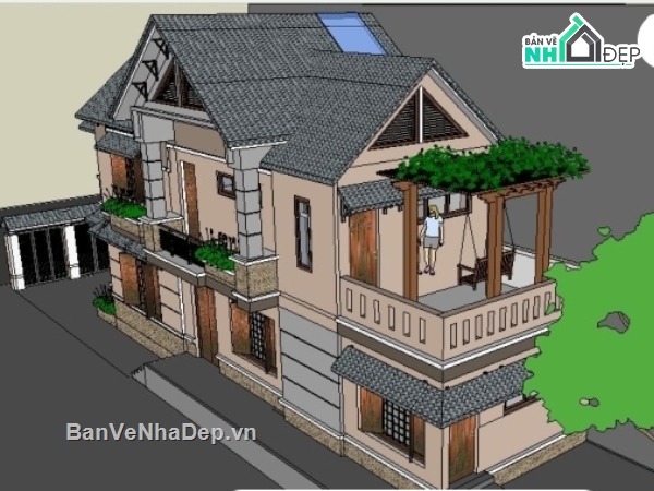 biệt thự 2 tầng,sketchup biệt thự,mẫu biệt thự sketchup,bản vẽ cad biệt thự,biệt thự 2 tầng đẹp,file cad nhà ở 2 tầng