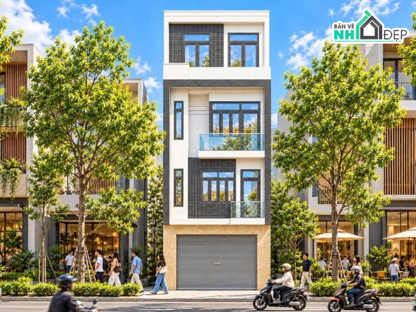 bản vẽ nhà phố 4 tầng,nhà 4 tầng 5x19m,nhà phố có thang máy,nhà mặt tiền 5m,mẫu nhà 5x19m
