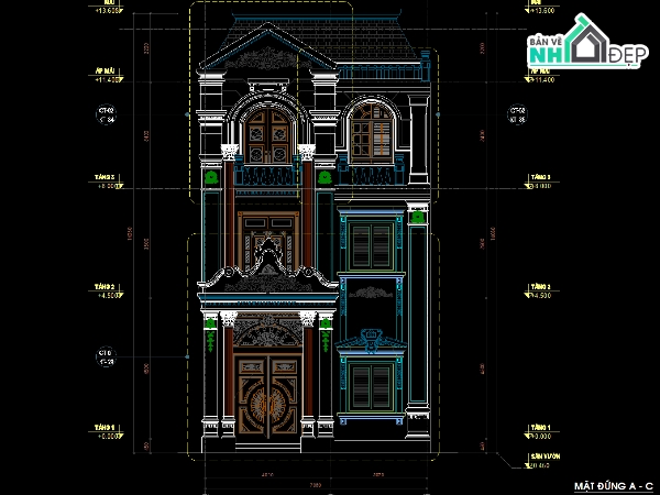 thiết kế nhà phố 3 tầng,bản vẽ nhà phố 3 tầng,nhà phố tân cổ điển 3 tầng,Nhà phố 3 tầng 7.19x14.8m,file cad nhà phố 3 tầng,bản vẽ autocad nhà phố 3 tầng