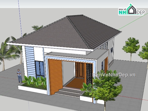 Bao cảnh biệt thự 1 tầng,biệt thự 1 tầng,sketchup biệt thự