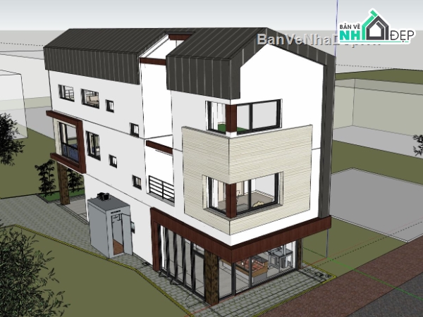 nhà phố 3 tầng,file sketchup nhà phố 3 tầng,ngoại thất nhà phố