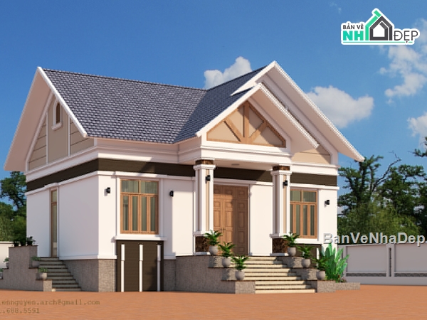 biệt thự 1 tầng,sketchup biệt thự 1 tầng,bản vẽ biệt thự 1 tầng 9x11m