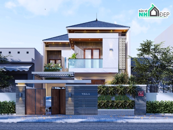 Biệt thự 2 tầng 1 tum,nhà 2 tầng 1 tum,biệt thự 2 tầng đẹp,biệt thự rộng 8m