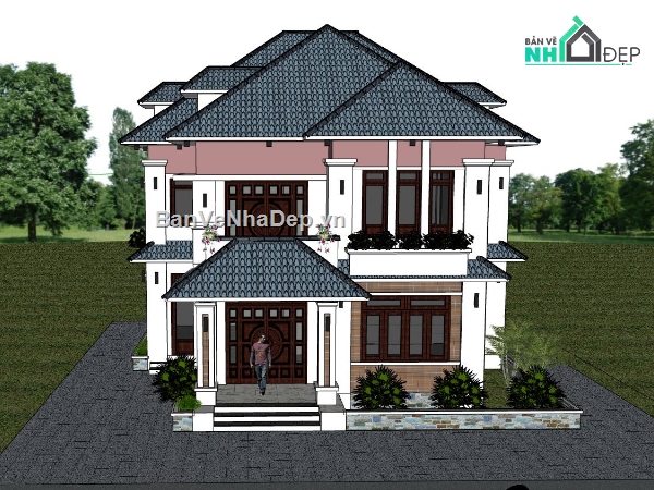 biệt thự 2 tầng,phối cảnh biệt thự,mẫu biệt thự hiện đại,sketchup biệt thự