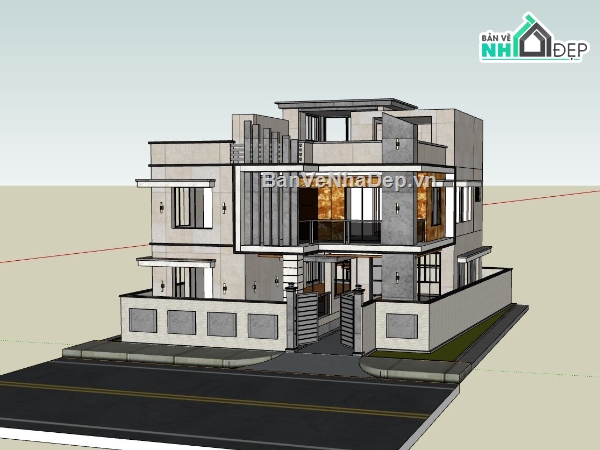 biệt thự 2 tầng,biệt thự hiện đại,sketchup biệt thự