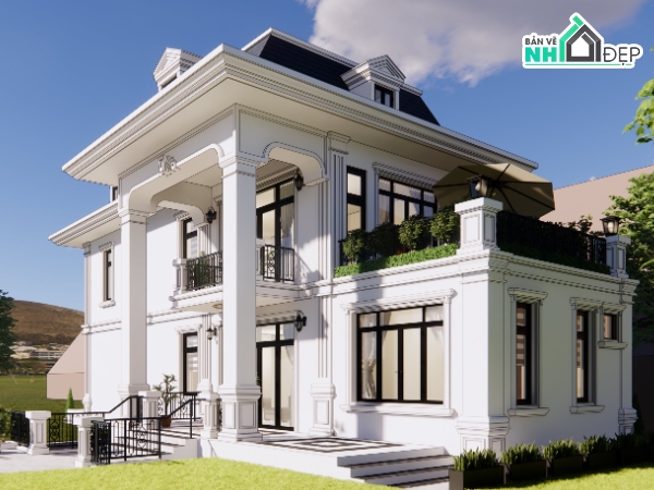 Biệt thự 2 tầng,thiết kế biệt thự,bản vẽ lâu đài,biệt thự cổ điển 2 tầng