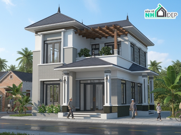 sketchup biệt thự 2 tầng,Biệt thự mái nhật 2 tầng 8.5x12m,file sketchup biệt thự,File sketchup biệt thự mái nhật,biệt thự 2 tầng file cad