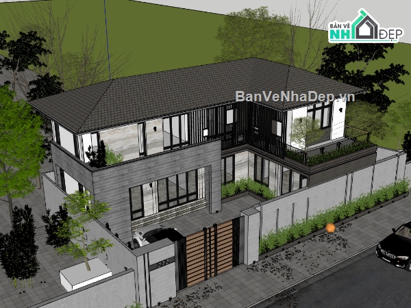 biệt thự 2 tầng,su biệt thự,sketchup biệt thự