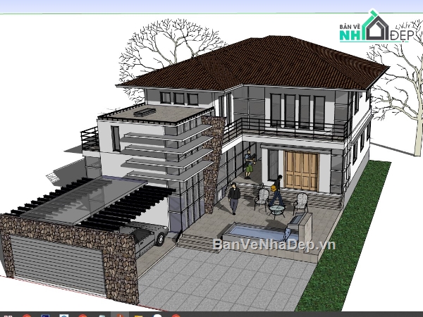 biệt thự 2 tầng,mẫu biệt thự sketchup,mẫu biệt thự 2 tầng