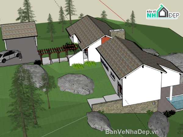 biệt thự 2 tầng file sketchup,dựng 3d su biệt thự 2 tầng,nhà biệt thự dựng model su