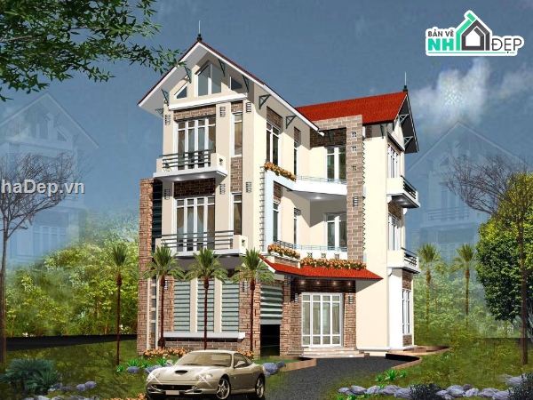 Biệt thự,kiến trúc biệt thự 3 tầng,file biệt thự 3 tầng