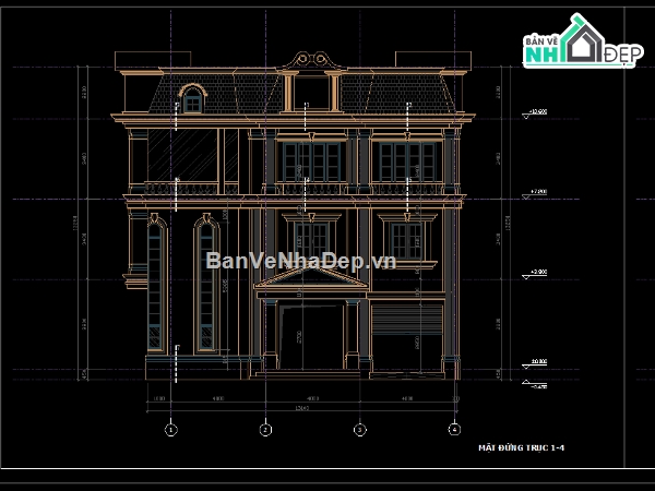 Biệt thự,Biệt thự 3 tầng,file cad biệt thự 3 tầng