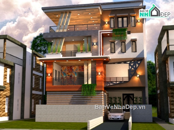 biệt thự 4 tầng,biệt thự hiện đại,bản vẽ biệt thự