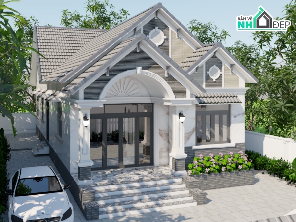 Biệt thự mái thái đẹp,Bản vẽ biệt thự mái thái đẹp,bản vẽ biệt thự 1 tầng,biệt thự 1 tầng file cad