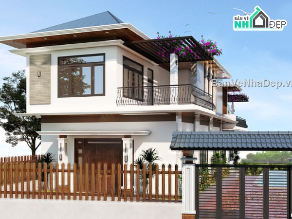 biệt thự hiện đại,biệt thự 2 tầng,biệt thự mái thái,file cad biệt thự 2 tầng,bản vẽ biệt thự 2 tầng