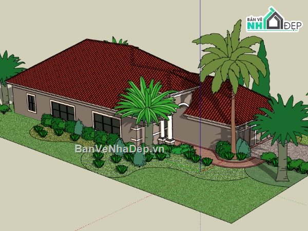 biệt thự vườn 1 tầng file su,dựng sketchup nhà biệt thự 1 tầng,thiết kế mẫu nhà biệt thự 1 tầng file su