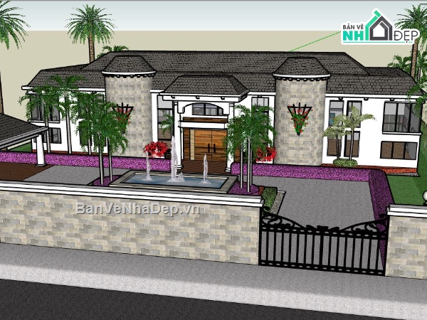 Mẫu biệt thự 2 tầng file su,mẫu biệt thự có hồ bơi,sketchup biệt thự có hồ bơi,file su biệt thự 2 tầng