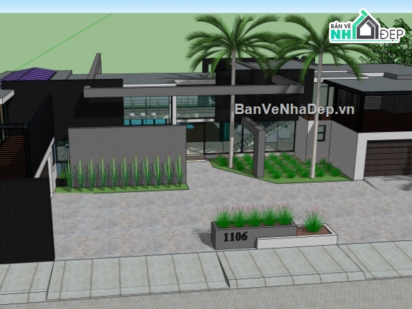 sketchup Biệt thự  1 tầng,biệt thự model su 1 tầng,biệt thự villa