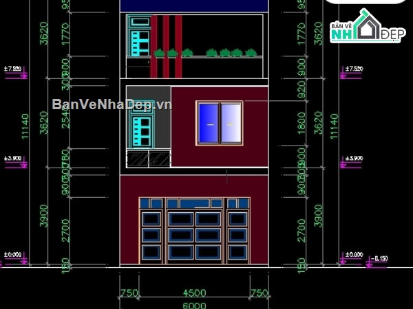 nhà phố 3 tầng 6x26.5m,Bản vẽ nhà phố 3 tầng,nhà phố 2 tầng 5x20.3m,thiết kế nhà phố 3 tầng