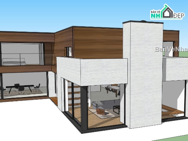 biệt thự 2 tầng sketchup,file sketchup biệt thự 2 tầng,phối cảnh biệt thự 2 tầng,biệt thự 2 tầng mái bằng