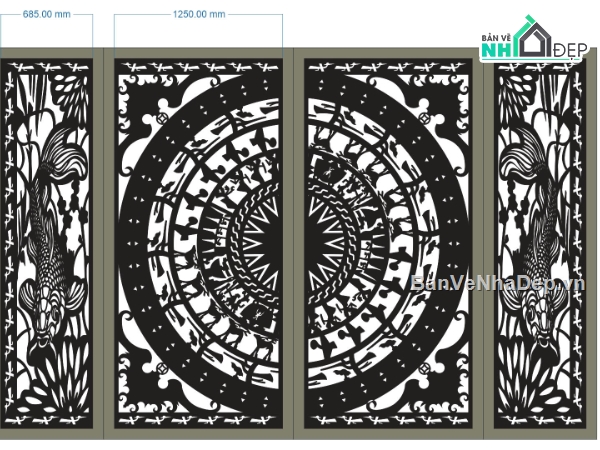 CNC cổng 4 cánh,cổng cá chép CNC,cổng CNC 4 cánh trống đồng