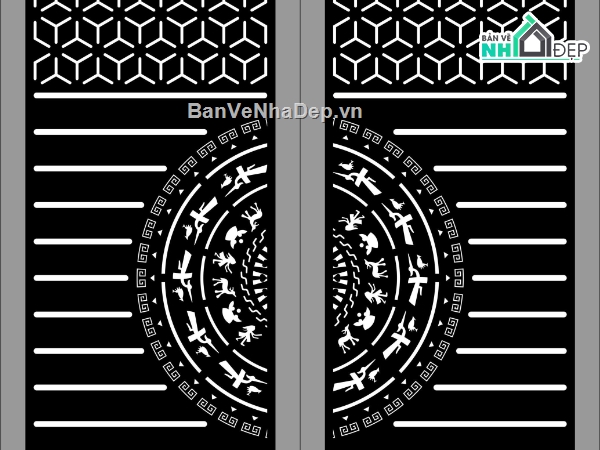 Cổng 2 cánh trống đồng,file dxf cổng 2 cánh,dxf cổng 2 cánh