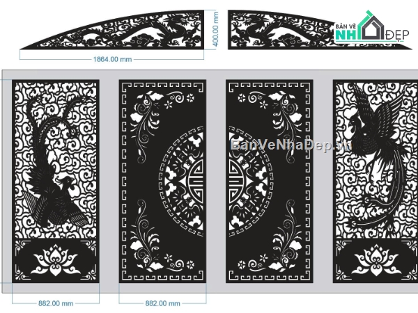 Cổng 4 cánh phượng,file dxf cổng 4 cánh phượng,cổng 4 cánh phượng dxf