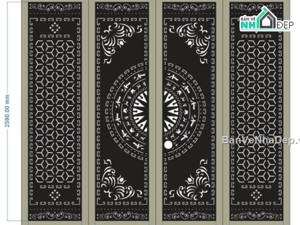 cổng 4 cánh,file dxf cổng 4 cánh,cổng 4 cánh bông tuyết,cổng 4 cánh trống đồng