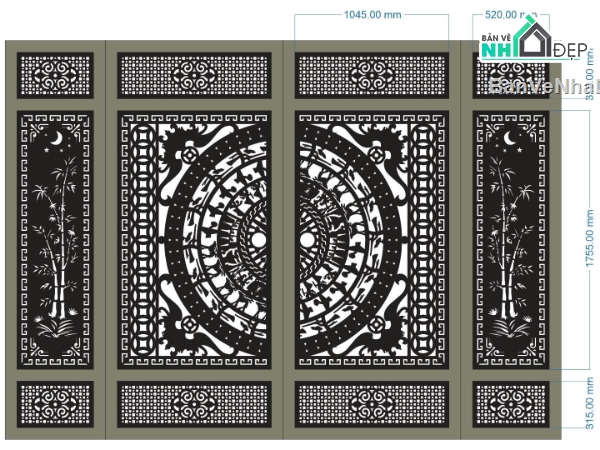 Cổng trống đồng cnc dxf,Cổng 4 cánh cnc,file dxf cổng 4 cánh