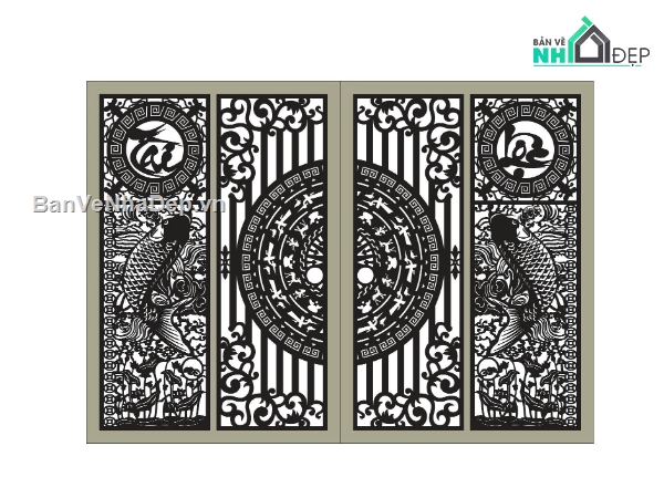 Cổng 4 cánh,cá chép tài lộc,cá chép tài lộc cnc