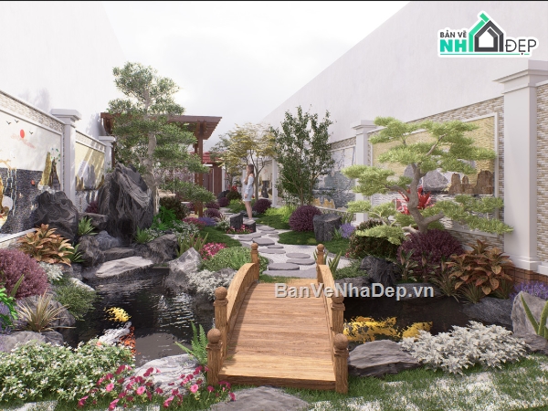 Model 3D Tiểu cảnh,3D hồ cá koi,3D sân vườn,3D cảnh quan,model su tiểu cảnh sân vườn