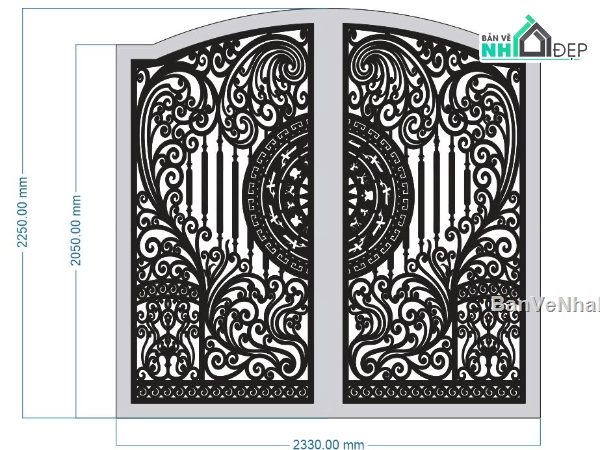 Cổng trống đồng 2 cánh,Cổng 2 cánh lá tây trống đồng,Cổng 2 cánh,file dxf cổng 2 cánh