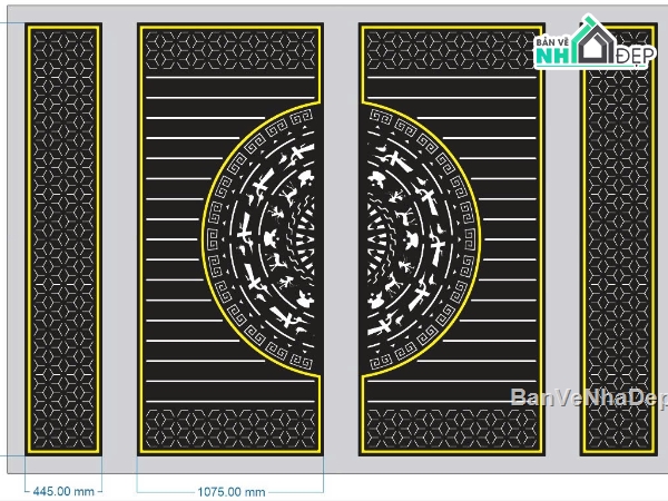 cổng 4 cánh,file dxf cổng trống đồng,cổng trống đồng bông tuyết