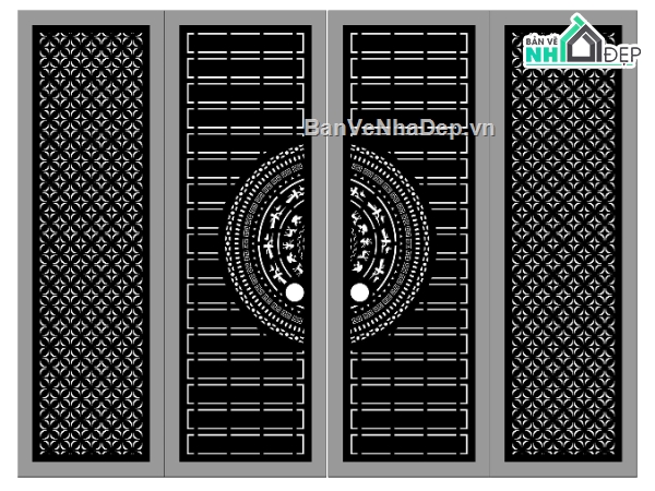 Cổng 4 cánh,Cổng 4 cánh trống đồng,file dxf cổng 4 cánh