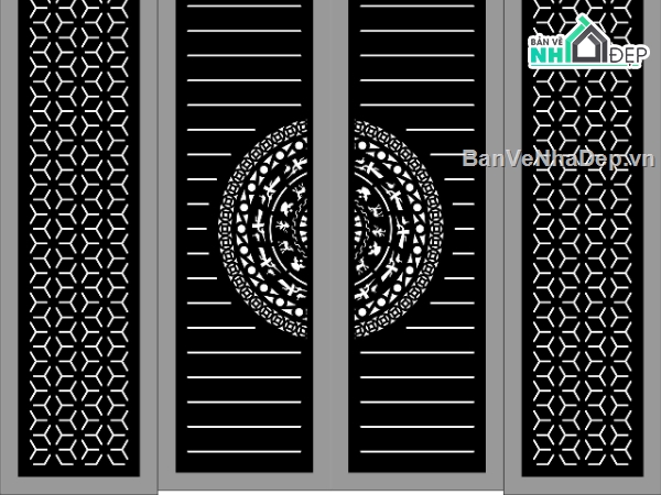 Cổng 4 cánh,Cổng trống đồng file dxf,Cổng 4 cánh trống đồng