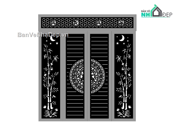 Cổng 4 cánh trống đồng trúc,file dxf cổng 4 cánh,cổng trống đồng trúc