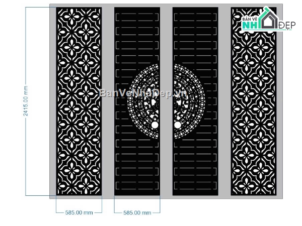 Cổng 4 trống đồng bông tuyết,file dxf cổng 4 cánh,dxf cổng bông tuyết,cổng bông tuyết file dxf