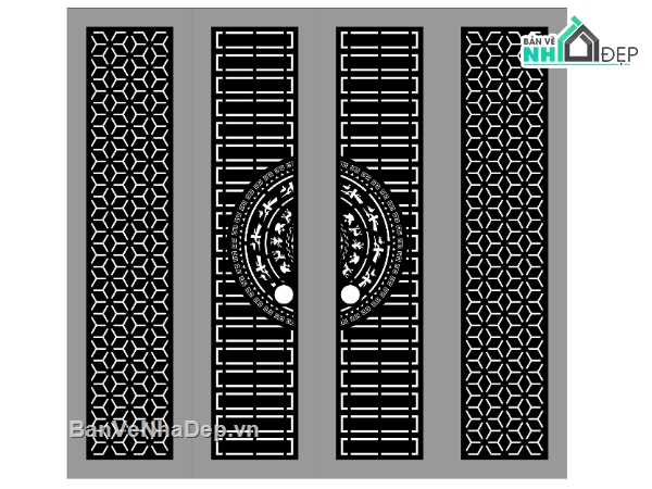 Cổng 4 cánh trống đồng,cổng 4 cánh,dxf cổng 4 cánh,file dxf cổng 4 cánh