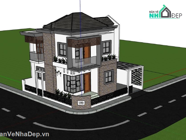 biệt thự 2 tầng,biệt thự sketchup,biệt thự góc đẹp