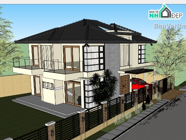 su biệt thự 2 tầng,file sketchup biệt thự 2 tầng,biệt thự 2 tầng sketchup