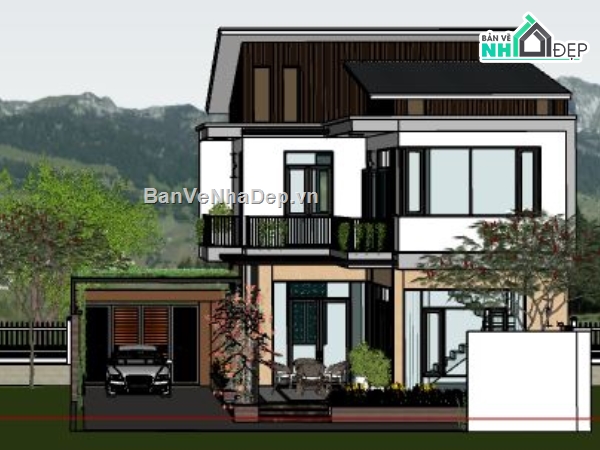 biệt thự 2 tầng 8.8x15.6m,file sketchup biệt thự 2 tầng,dựng model su nhà biệt thự,biệt thự mái lệch file Su